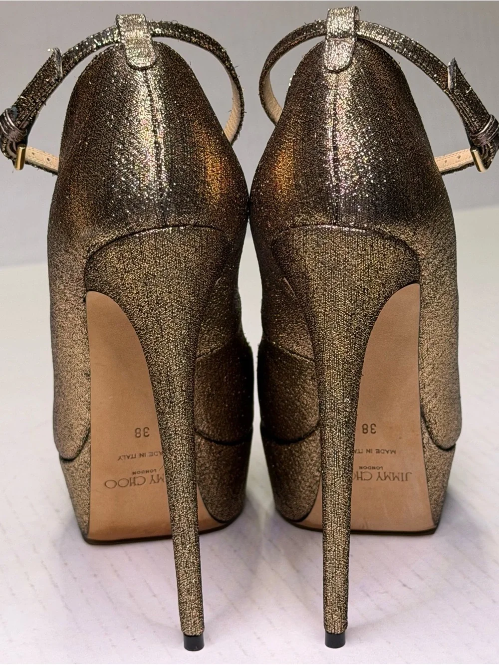 Jimmy Choo Klerise 150 Bronze Metallic Platform Ankle Strap Pumps EU 38 Italy